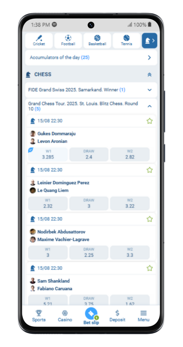 1x Bet Chess Betting Fixtures