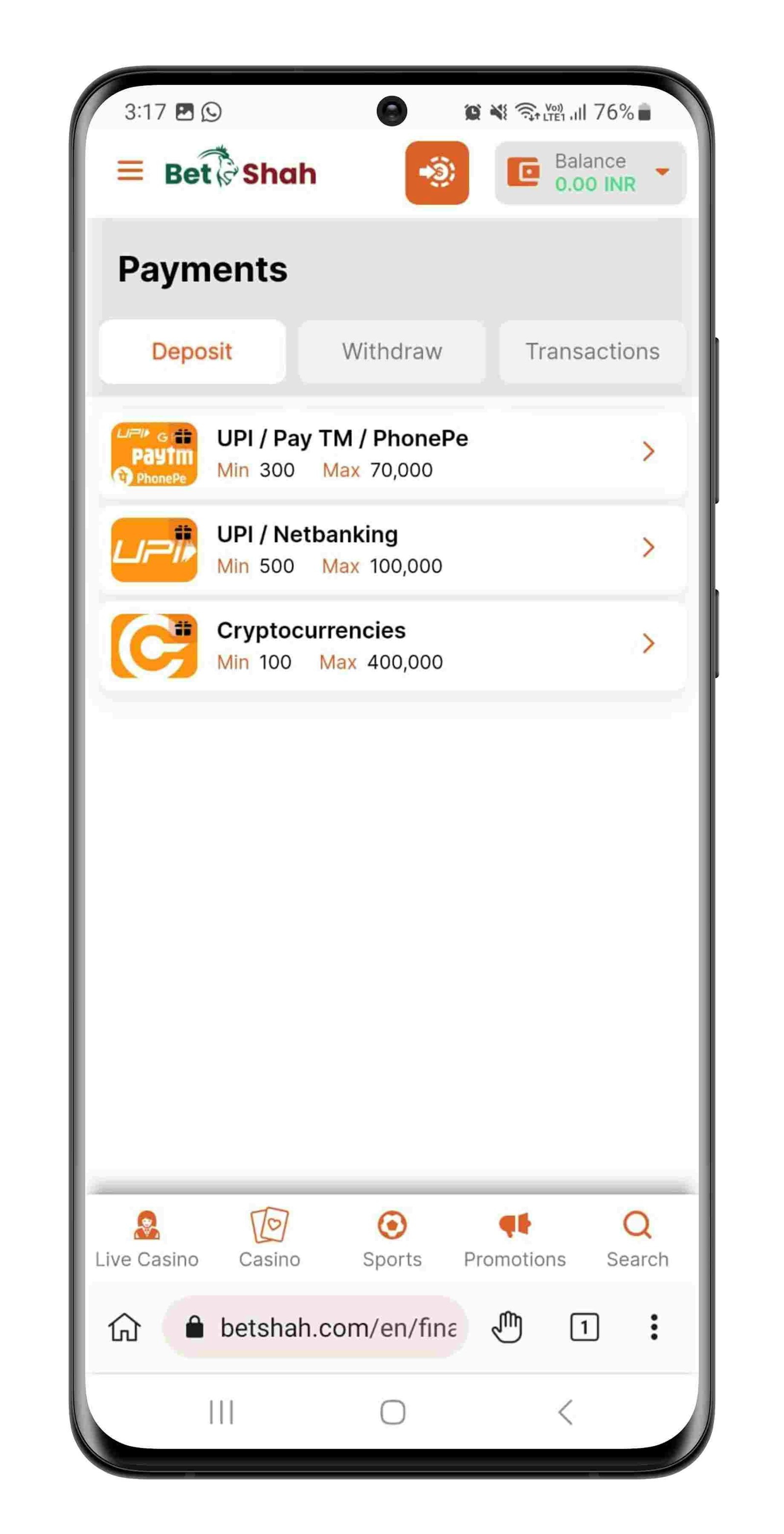 Bet Shah Deposit Methods