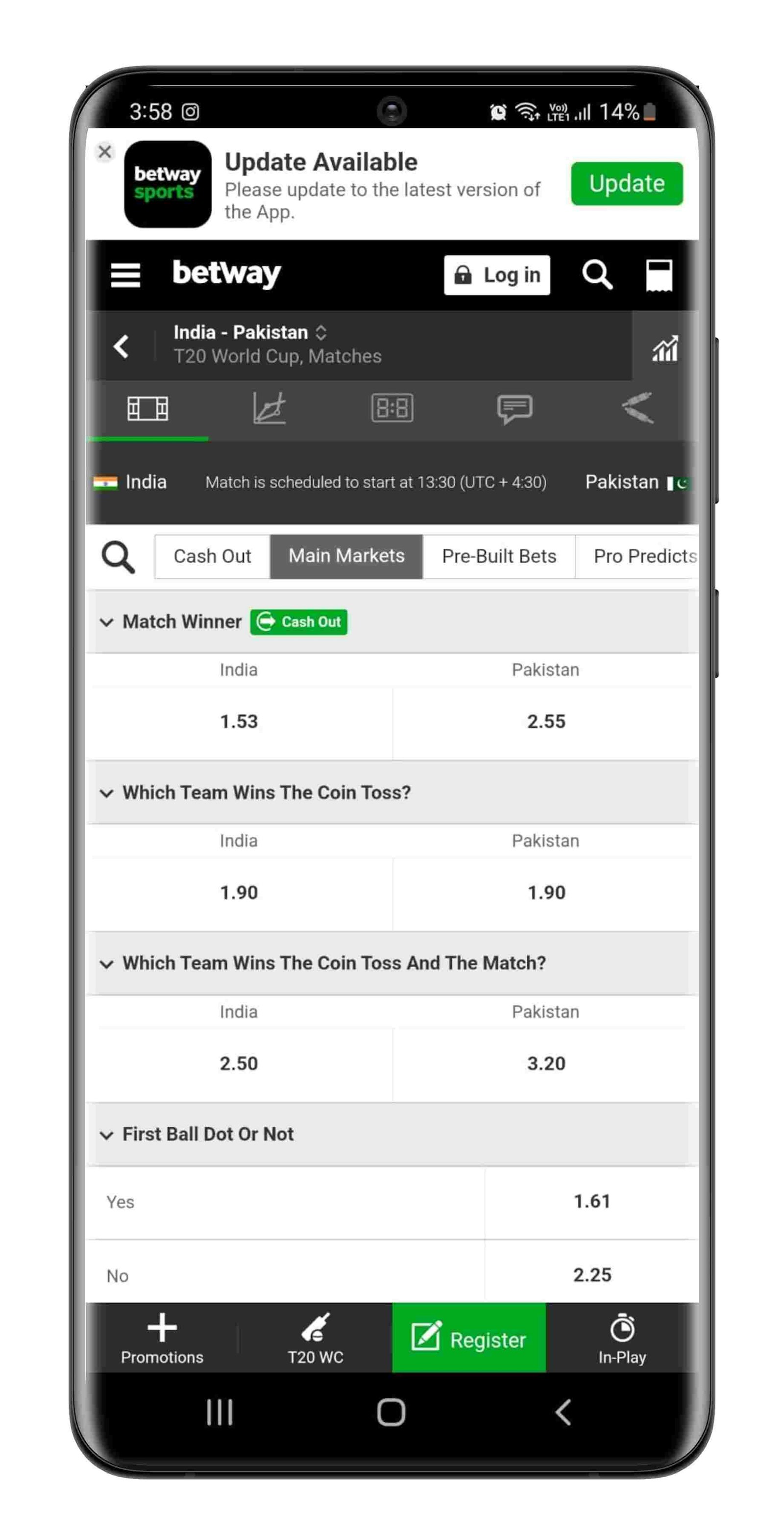 Betway cricket betting markets