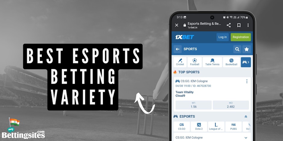 Image with a moblie mockup of 1x Bet esports section