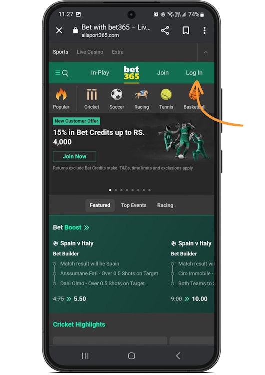 Mobile screenshot showing Bet365 homepage