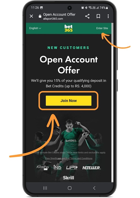 Mobile screenshot showing Bet365 landing page