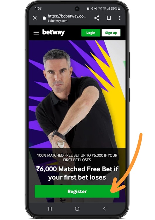 Mobile screenshot showing Betway landing page