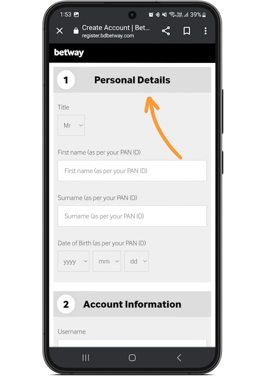 Mobile screenshot showing Betway registration form 1