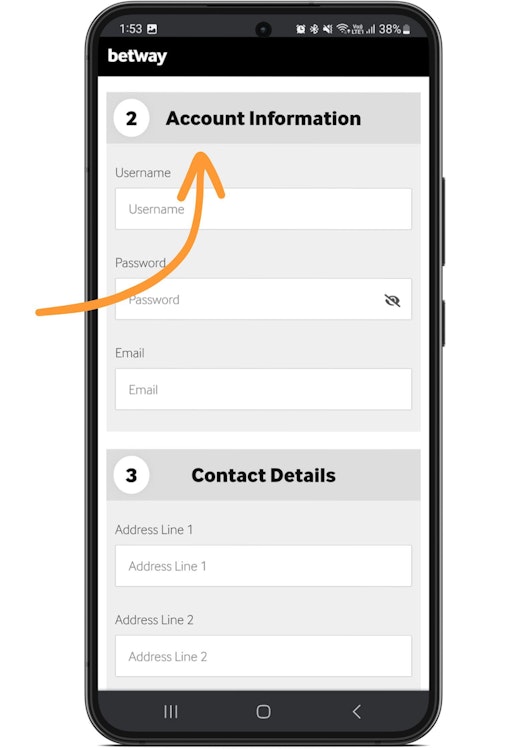 Mobile screenshot showing Betway registration form 2