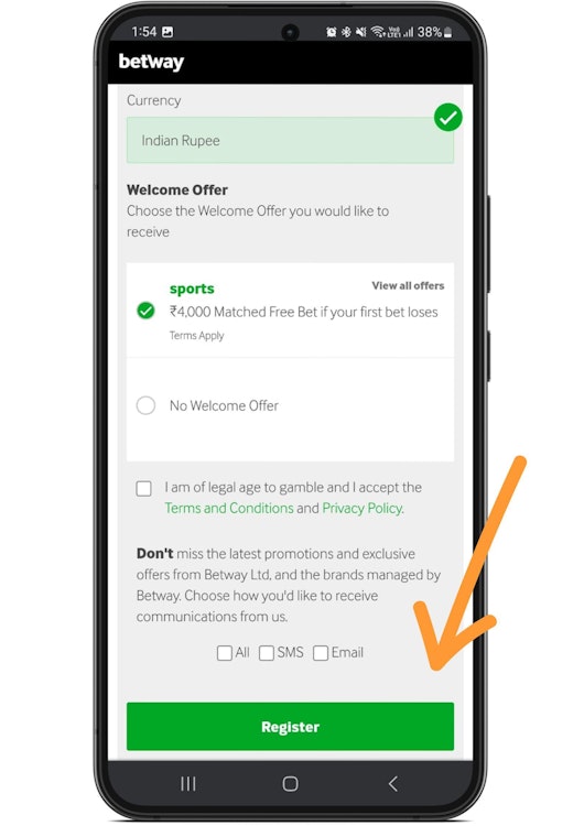 Mobile screenshot showing how to complete Betway signup