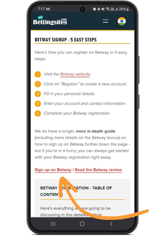 Mobile screenshot showing how to visit the Betway website
