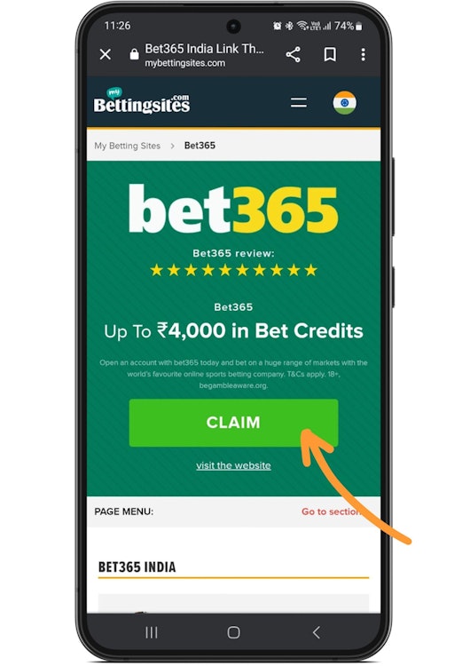 Mobile screenshot with Bet365 India link