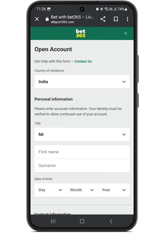 Mobile screenshot with Bet365 registration