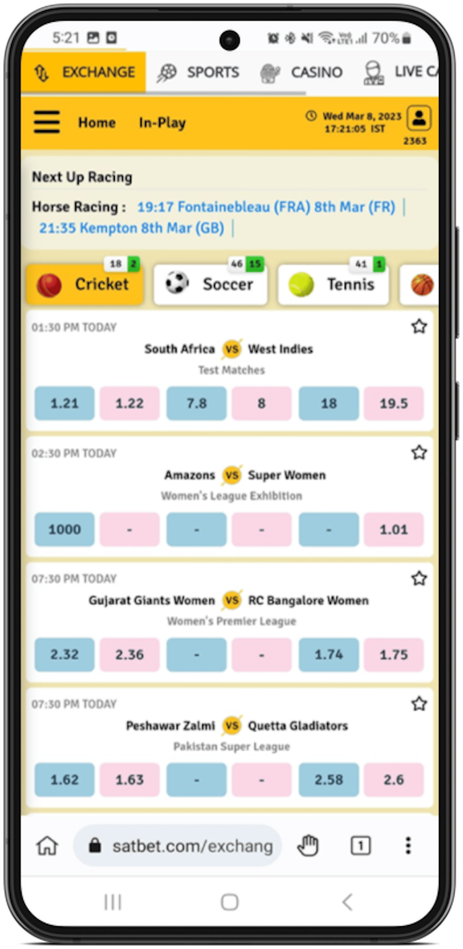 Satbet Betting Exchange Screenshot
