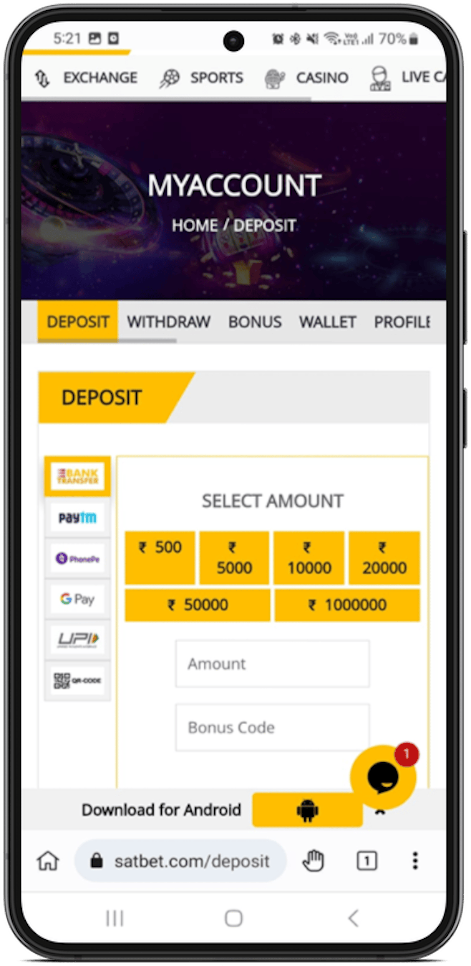 Satbet Deposit Methods Screenshot
