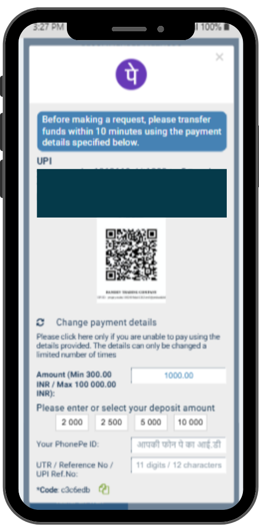 1x Bet Phone Pe Deposit Screen