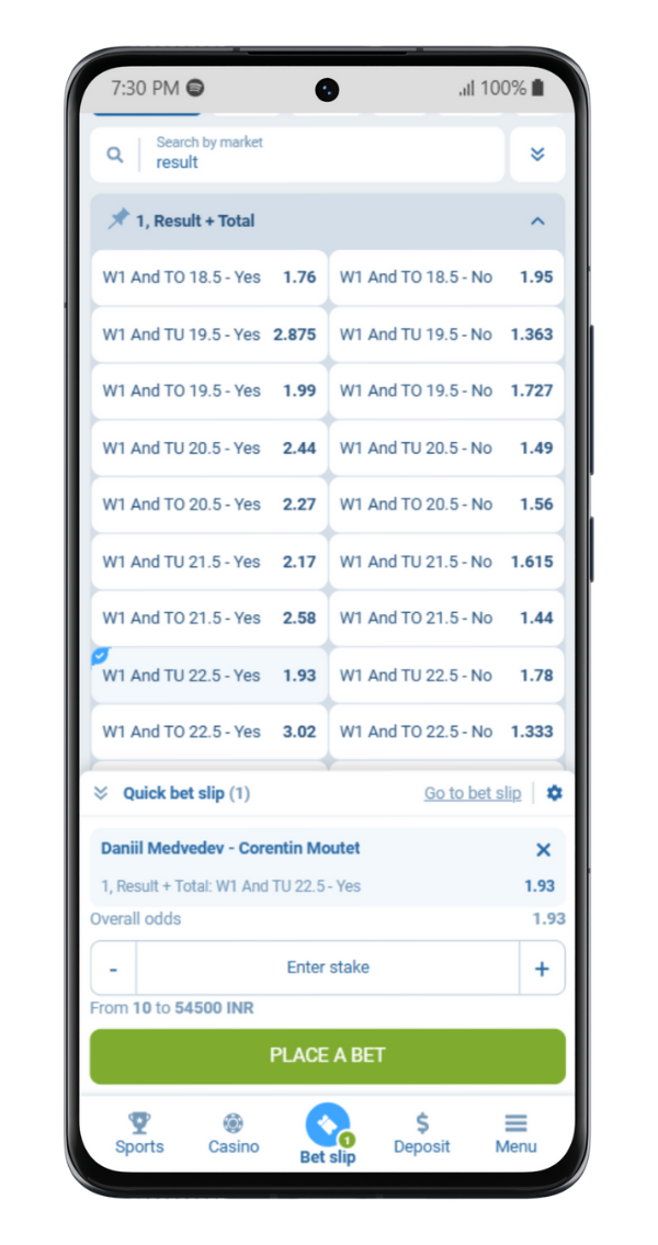 1x Bet Tennis Bet Slip
