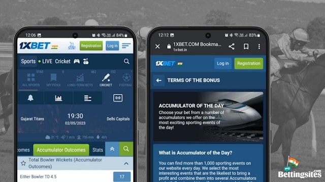 Image with 1x Bet screenshots of accumulator odds and bonus on mobile