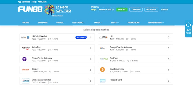 Fun88 Deposit Methods